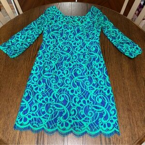Lilly Pulitzer Size 0 Blue Green Sheath Dress Embroidred Lace Overlay KneeLength
